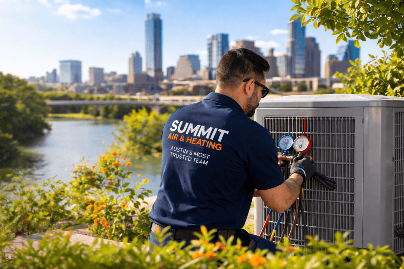 Professional HVAC technician checking an air conditioning unit